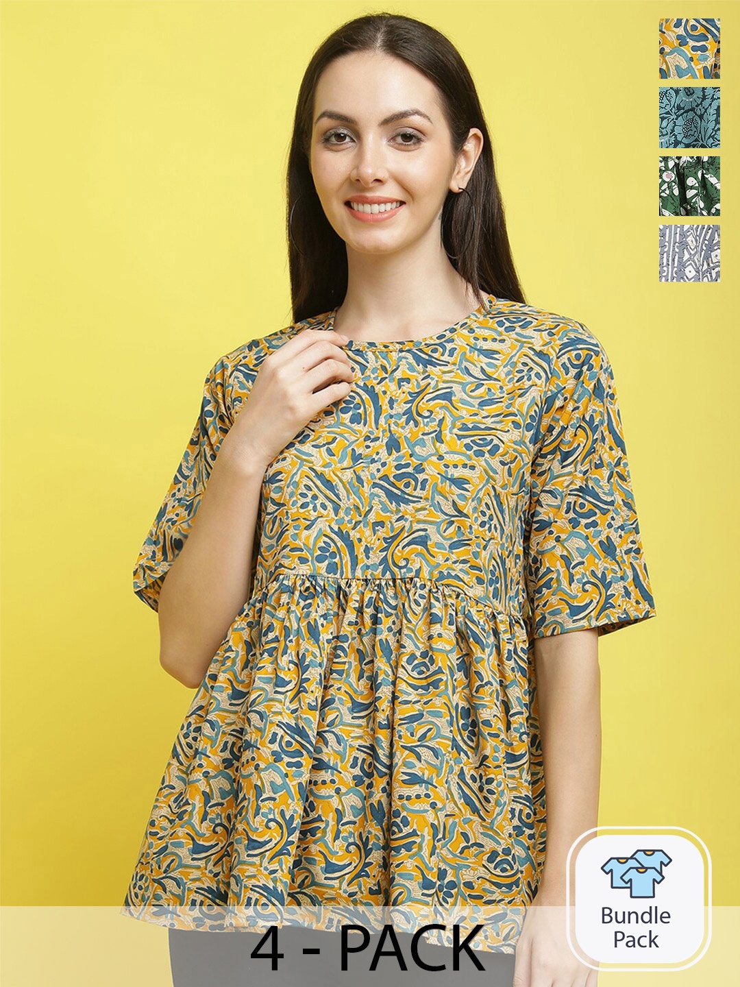 

Poshyaa Pack Of 4 Floral Printed Flutter Sleeve Empire Top, Yellow