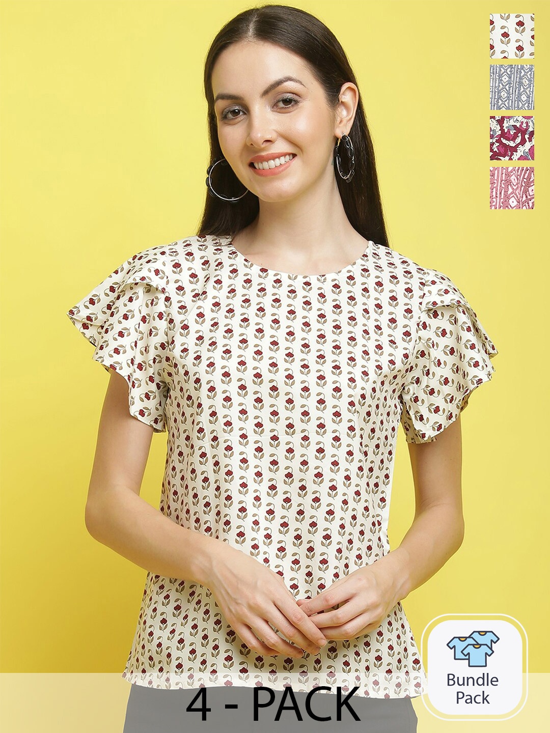 

Poshyaa Pack of 4 Printed Round Neck Crepe Top, Cream