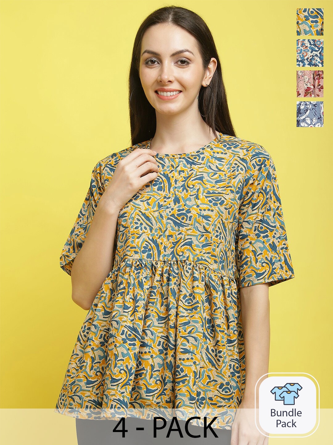 

Poshyaa Pack Of 4 Printed Casual Top, Yellow