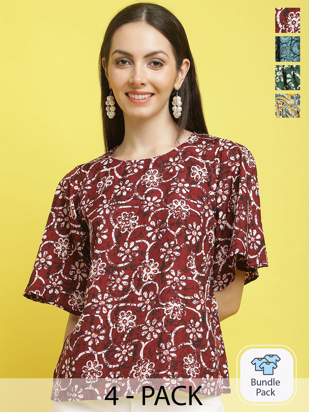 

Poshyaa Pack Of 4 Printed Round Neck Top, Red