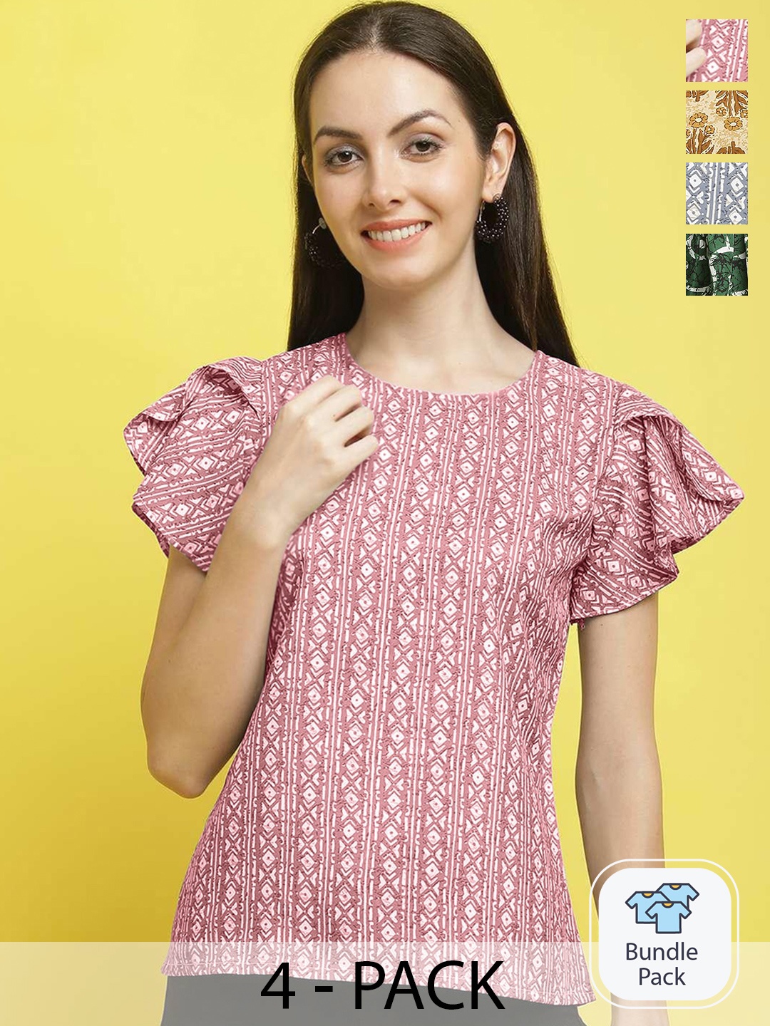 

Poshyaa Pack Of 4 Printed Crepe Top, Pink