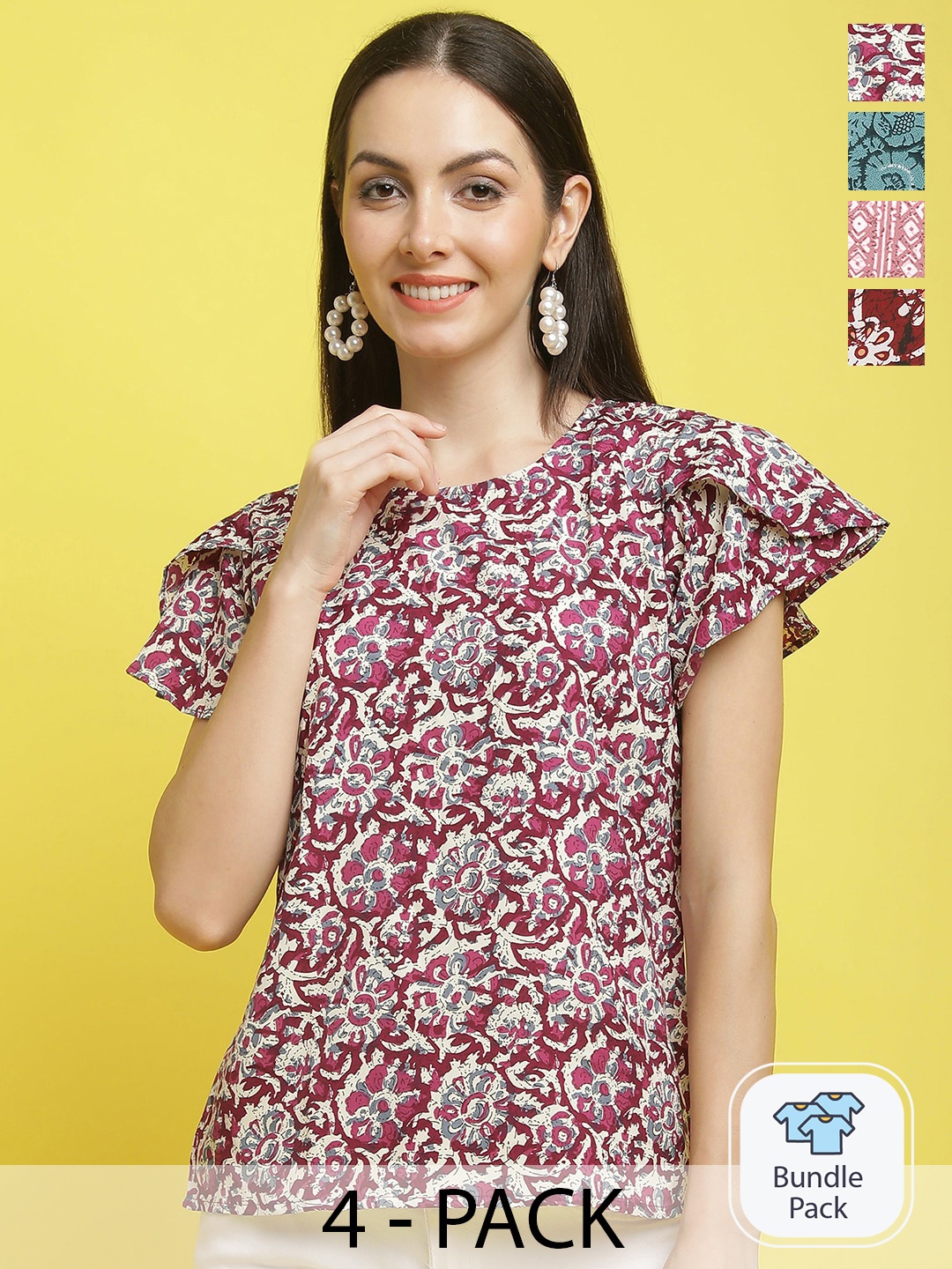 

Poshyaa Pack Of 4 Floral Printed Regular Top, Pink