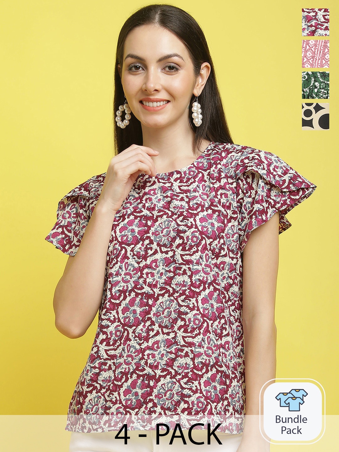 

Poshyaa Pack Of 4 Floral Printed Flutter Sleeves Empire Top, Maroon