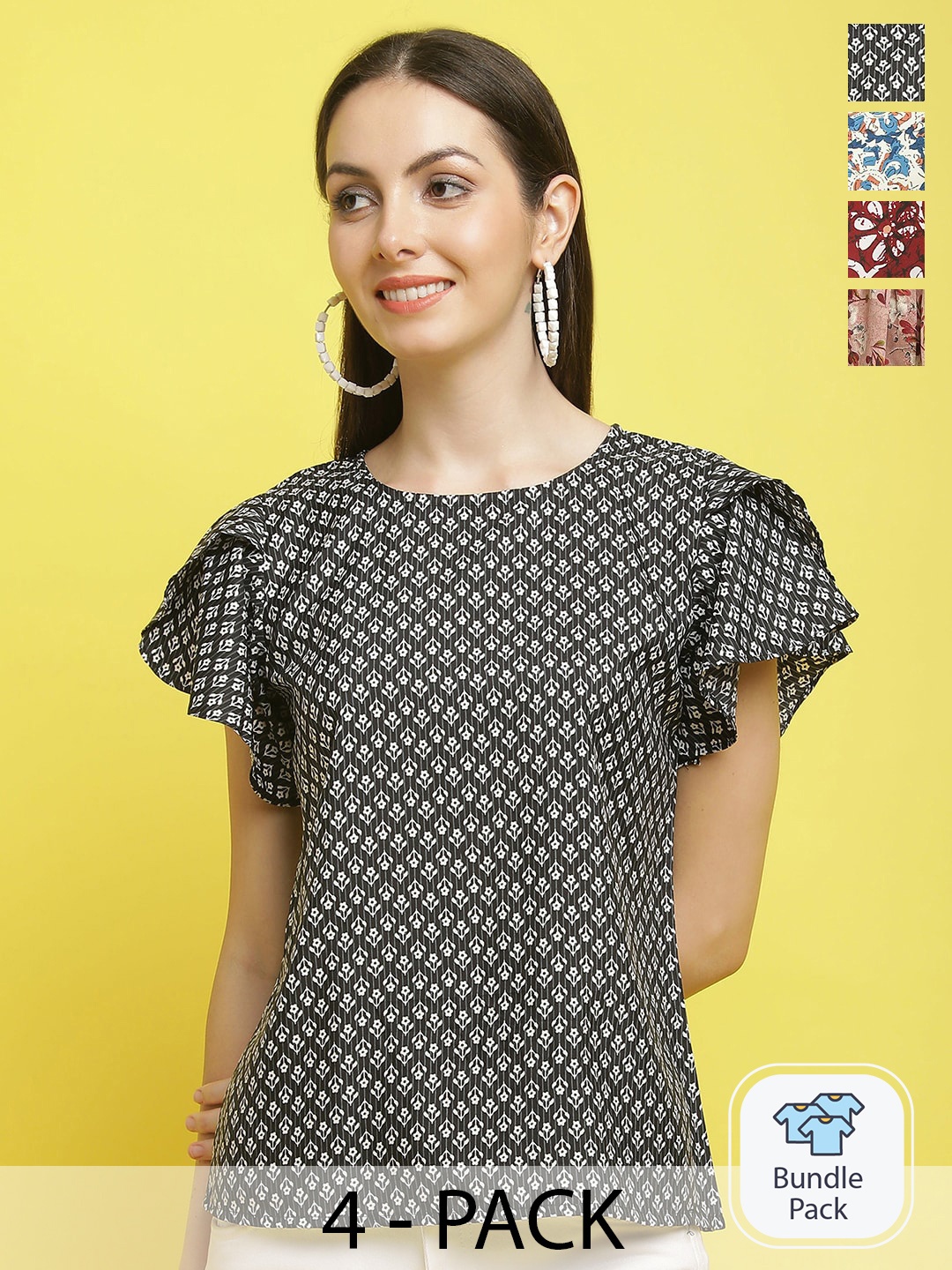

Poshyaa Pack Of 4 Printed Flutter Sleeve Top, Black