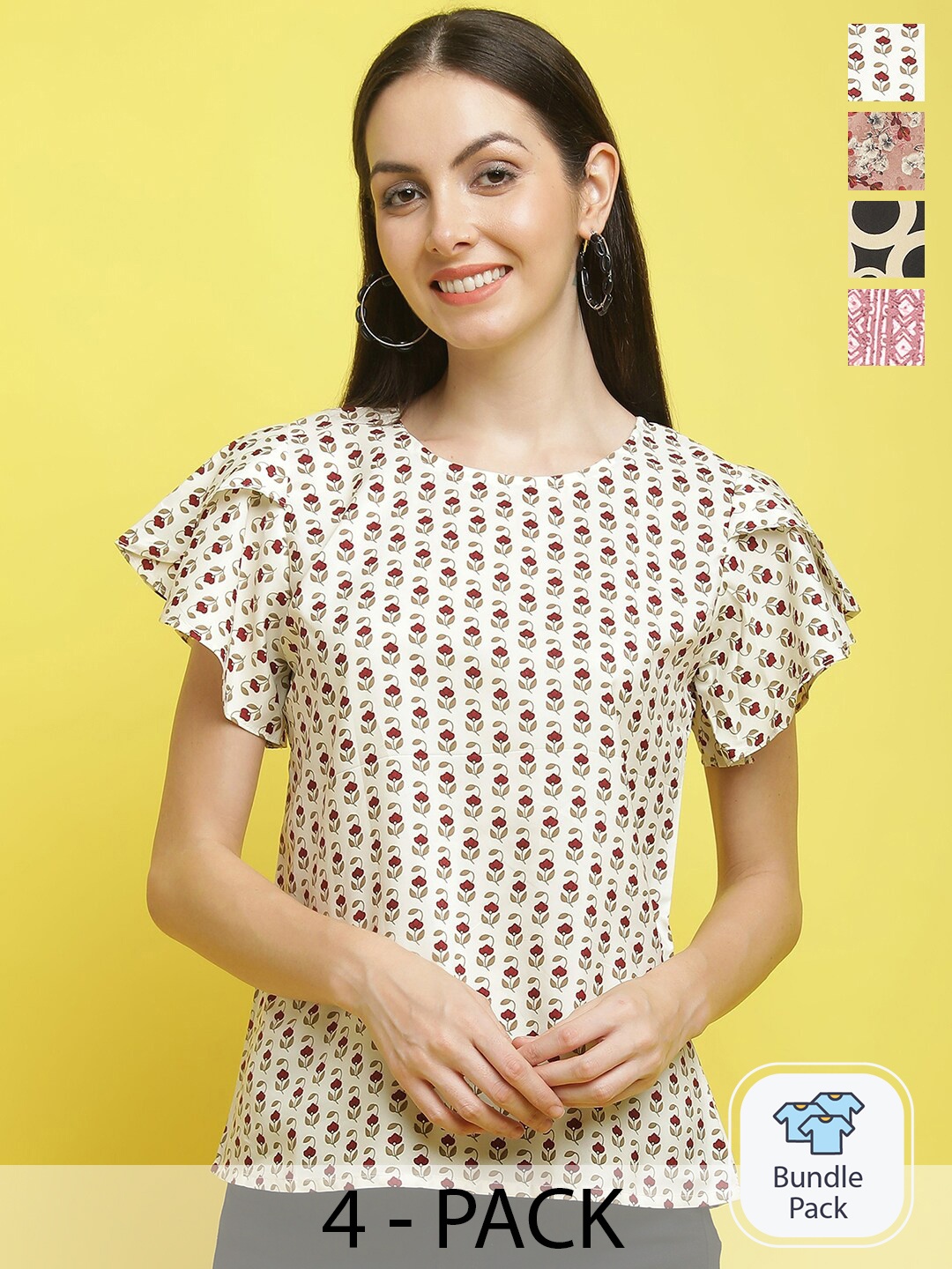 

Poshyaa Pack Of 4 Printed Flutter Sleeves Tops, Off white
