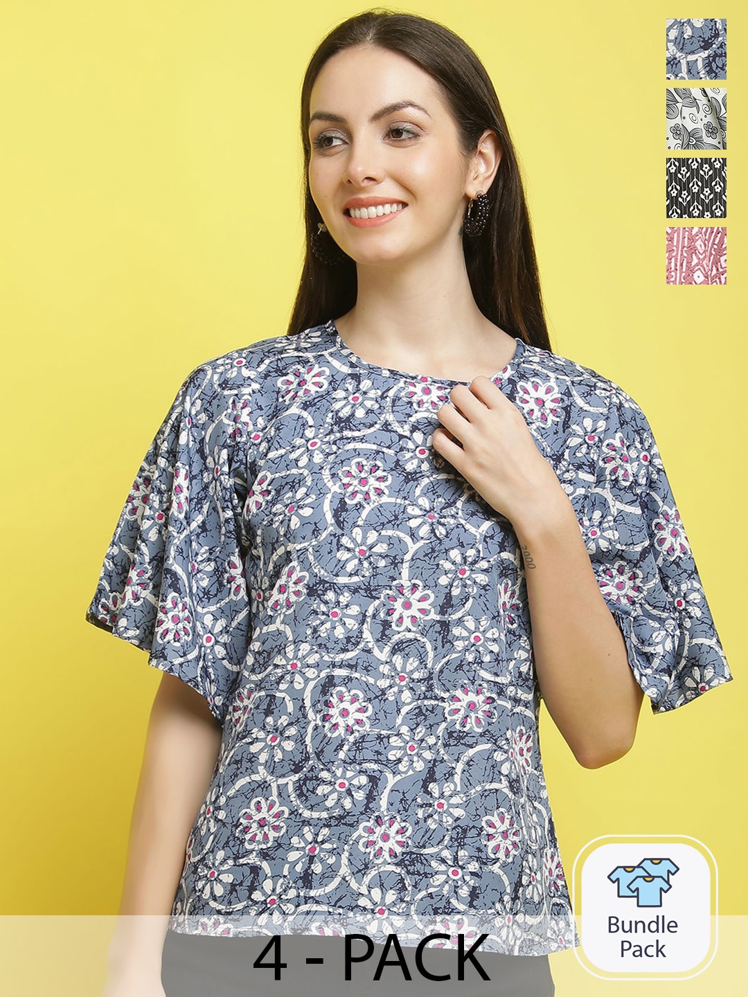 

Poshyaa Pack Of 4 Floral Printed Peplum Top, Blue