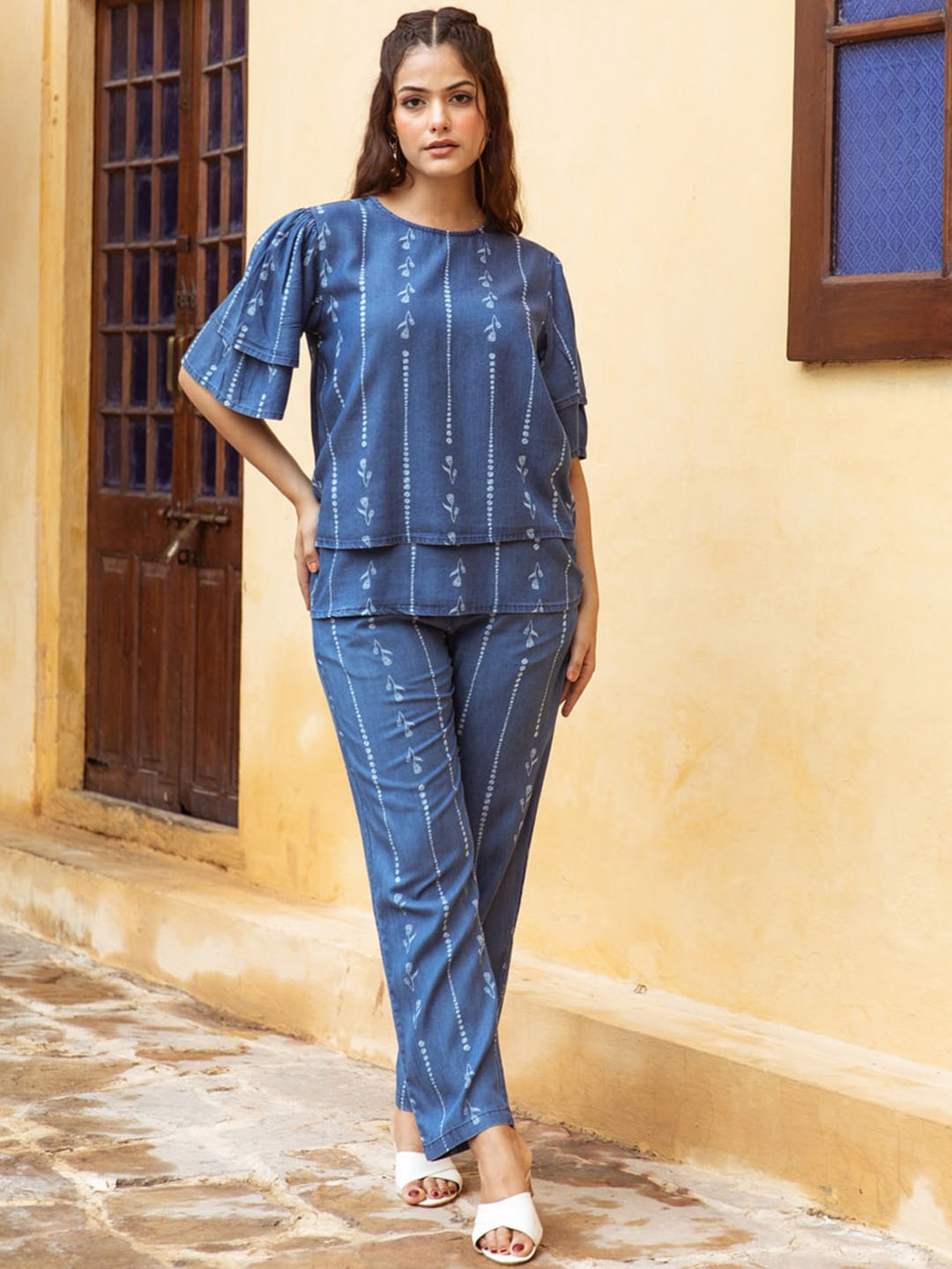 

Aadews Printed Pure Cotton Denim Top With Trousers Co-Ords, Blue