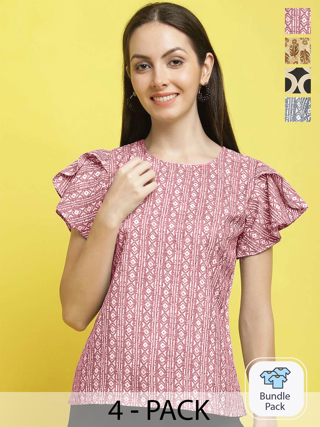 

Poshyaa Pack Of 4 Ethnic Motifs Printed Crepe Top, Pink