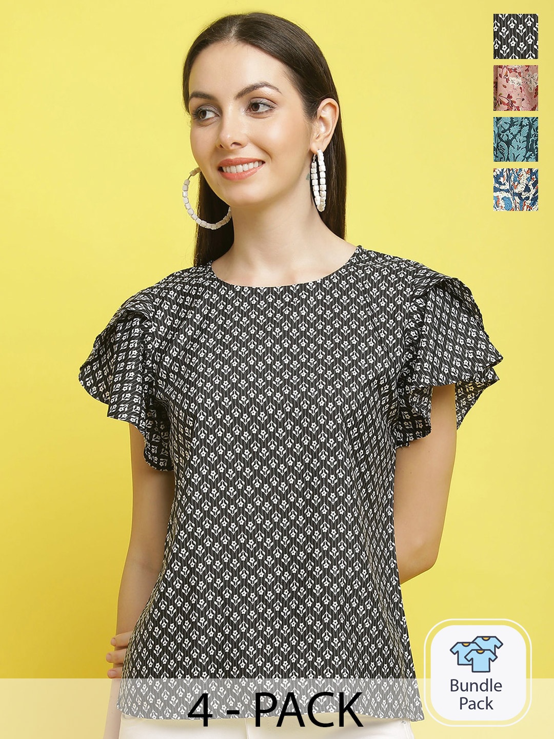 

Poshyaa Pack Of 4 Floral Printed Flutter Sleeves Top, Black