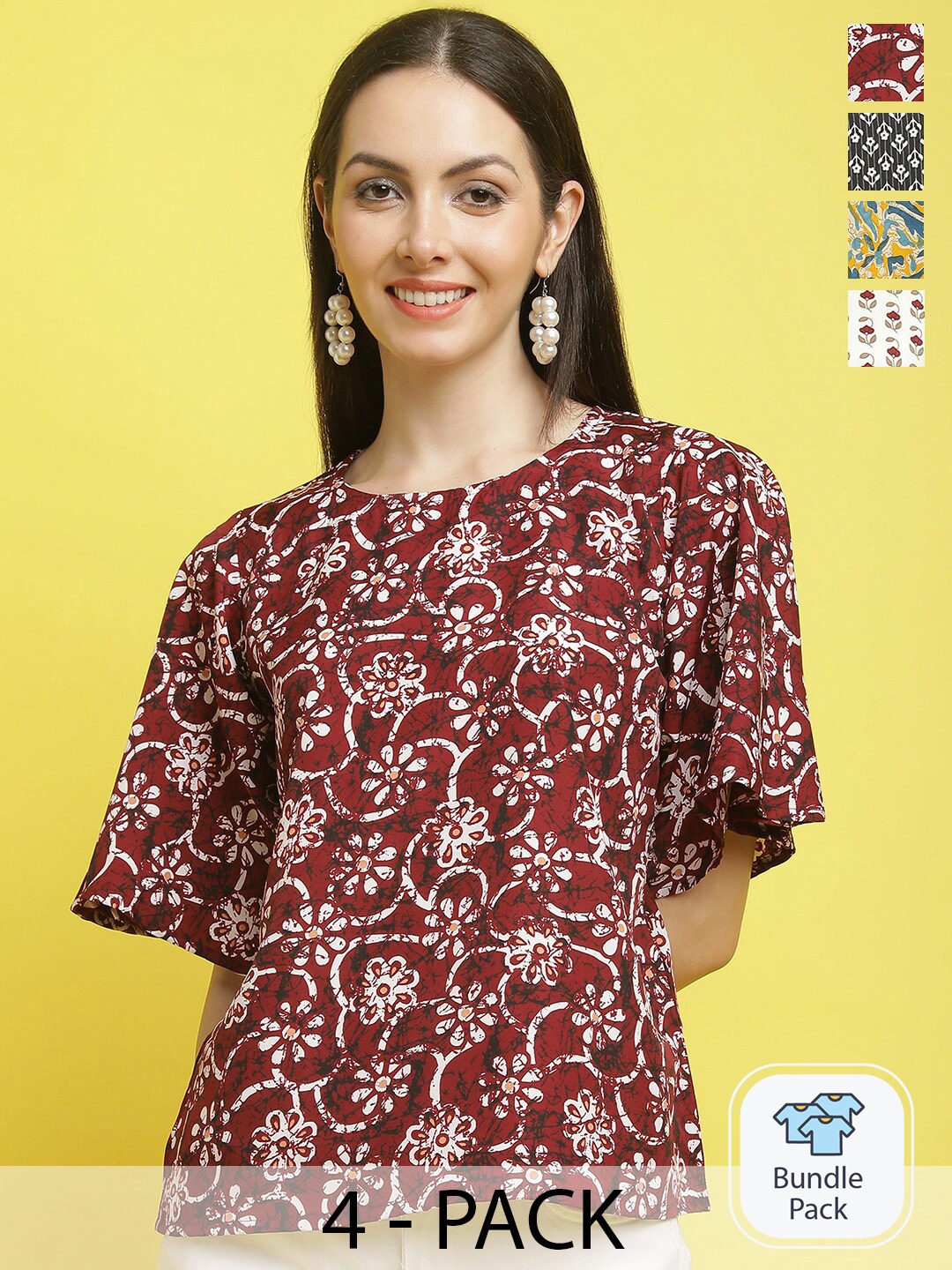 

Poshyaa Pack Of 4 Floral Printed Regular Top, Maroon