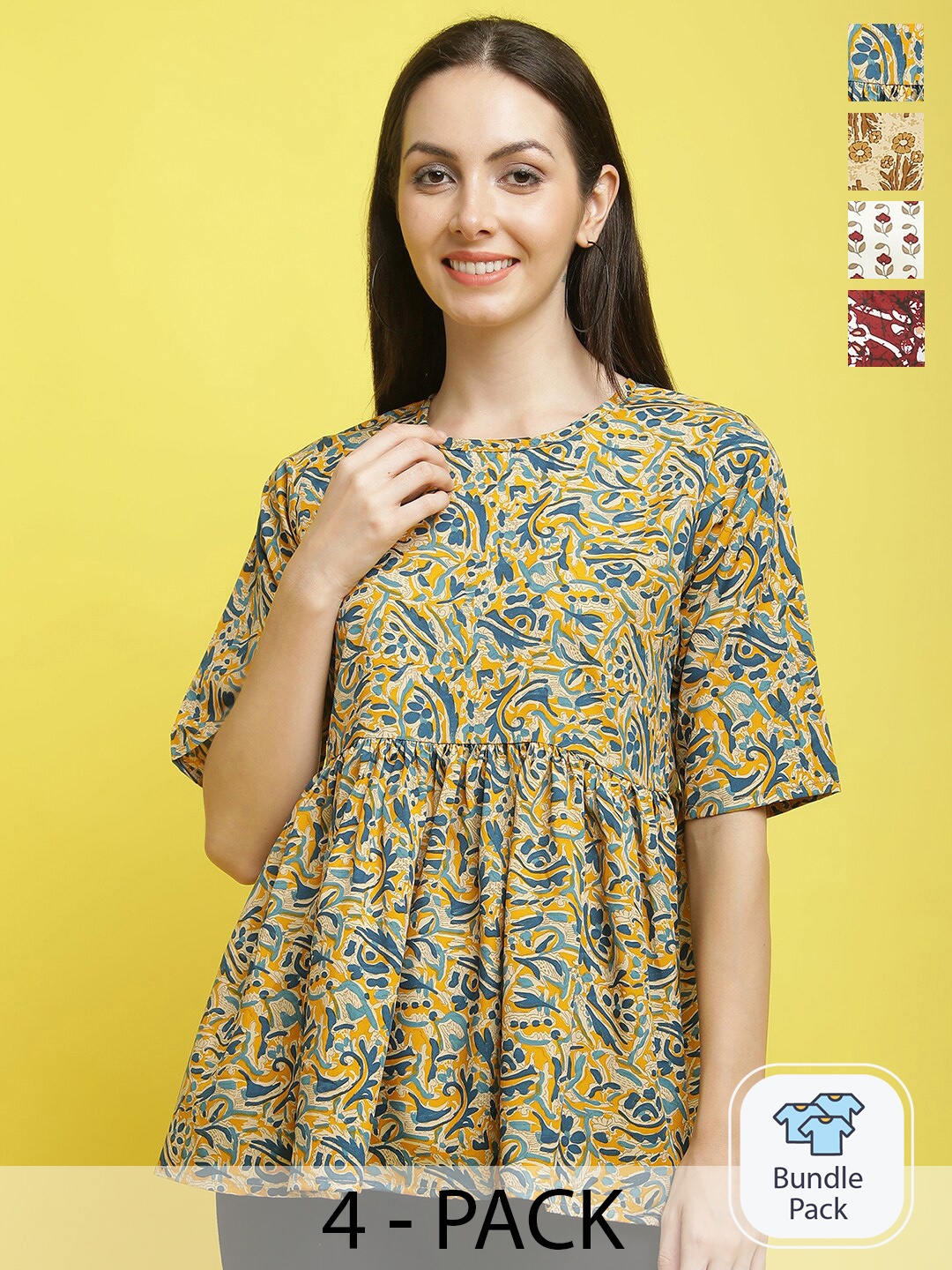 

Poshyaa Pack Of 4 Printed Crepe Tops, Yellow