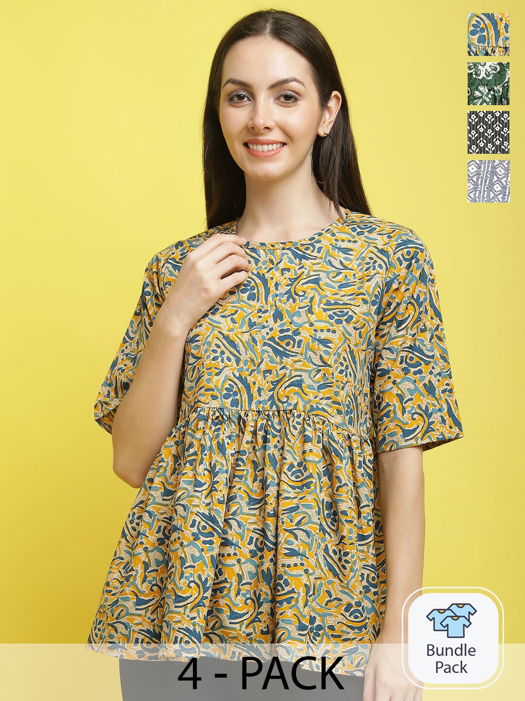 

Poshyaa Pack Of 4 Floral Printed Flutter Sleeves Empire Top, Yellow