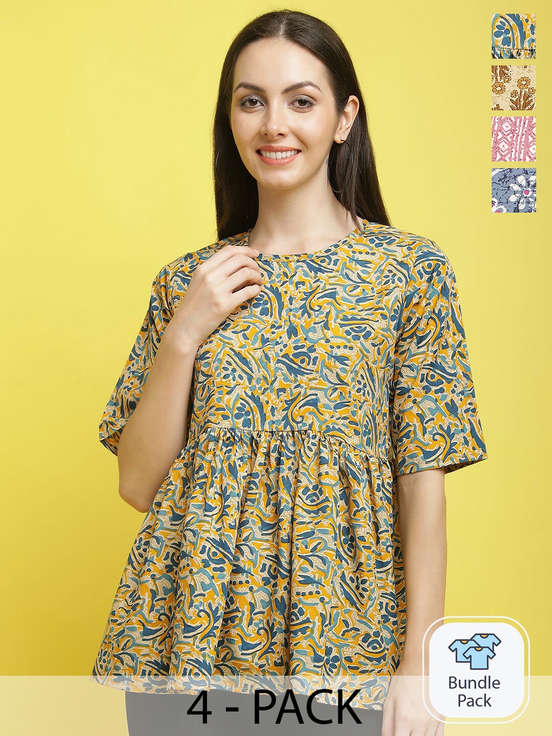 

Poshyaa Pack Of 4 Printed Flutter Sleeve Top, Yellow