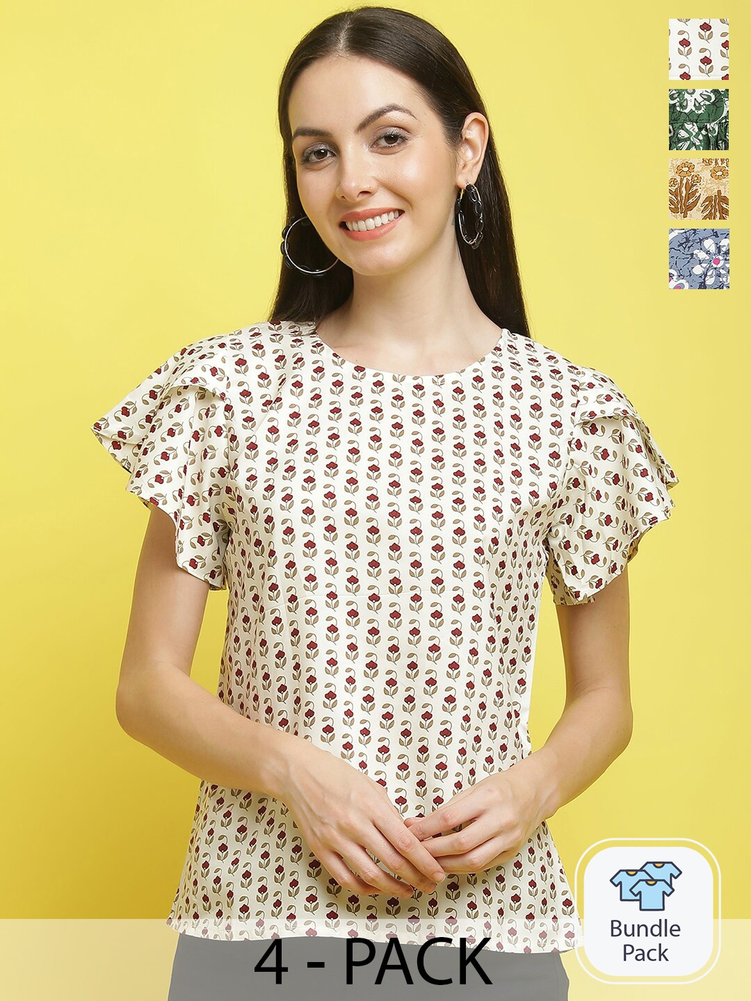 

Poshyaa Pack Of 4 Floral Printed Peplum Top, White