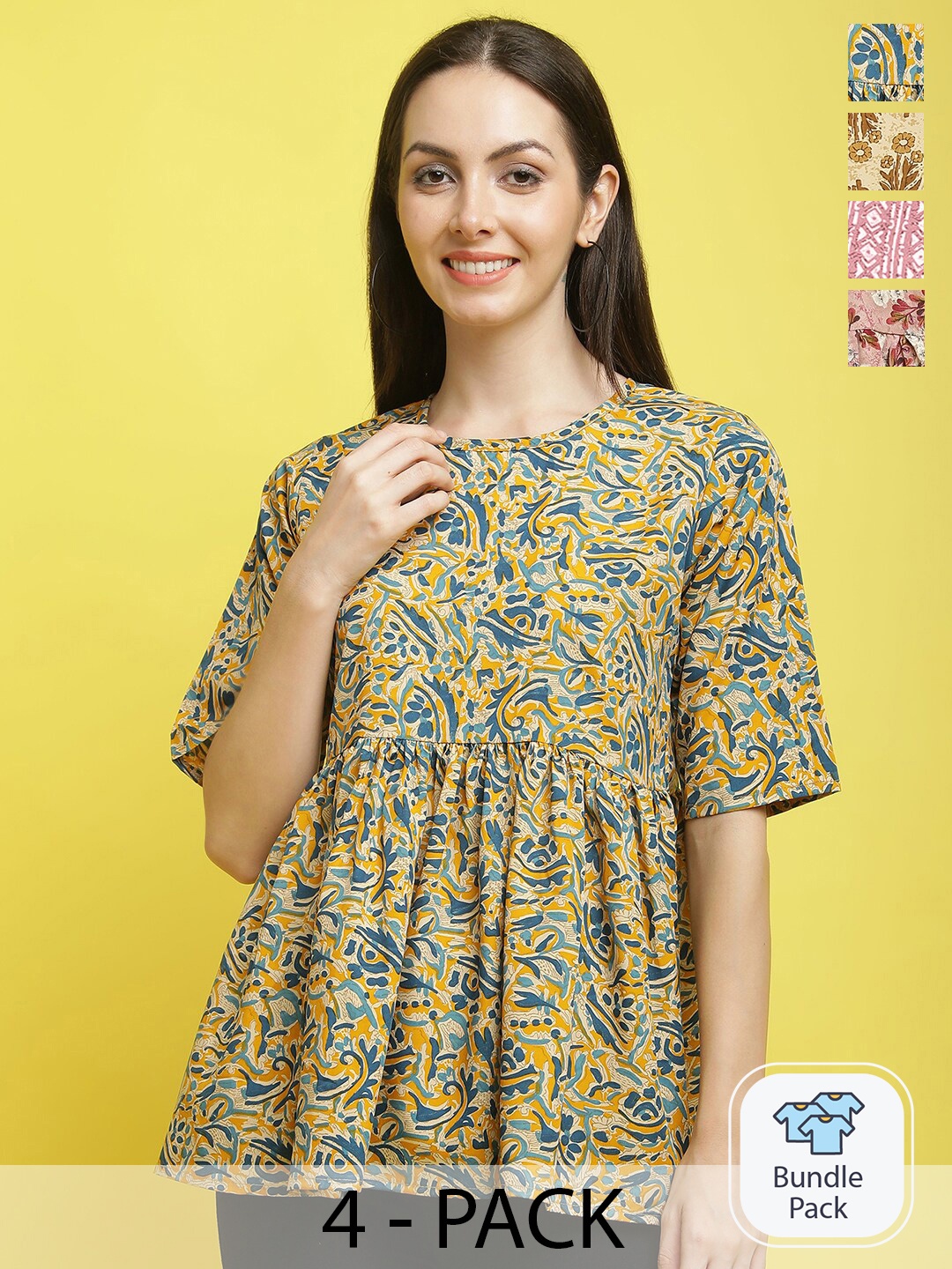 

Poshyaa Pack Of 4 Printed Crepe Top, Yellow