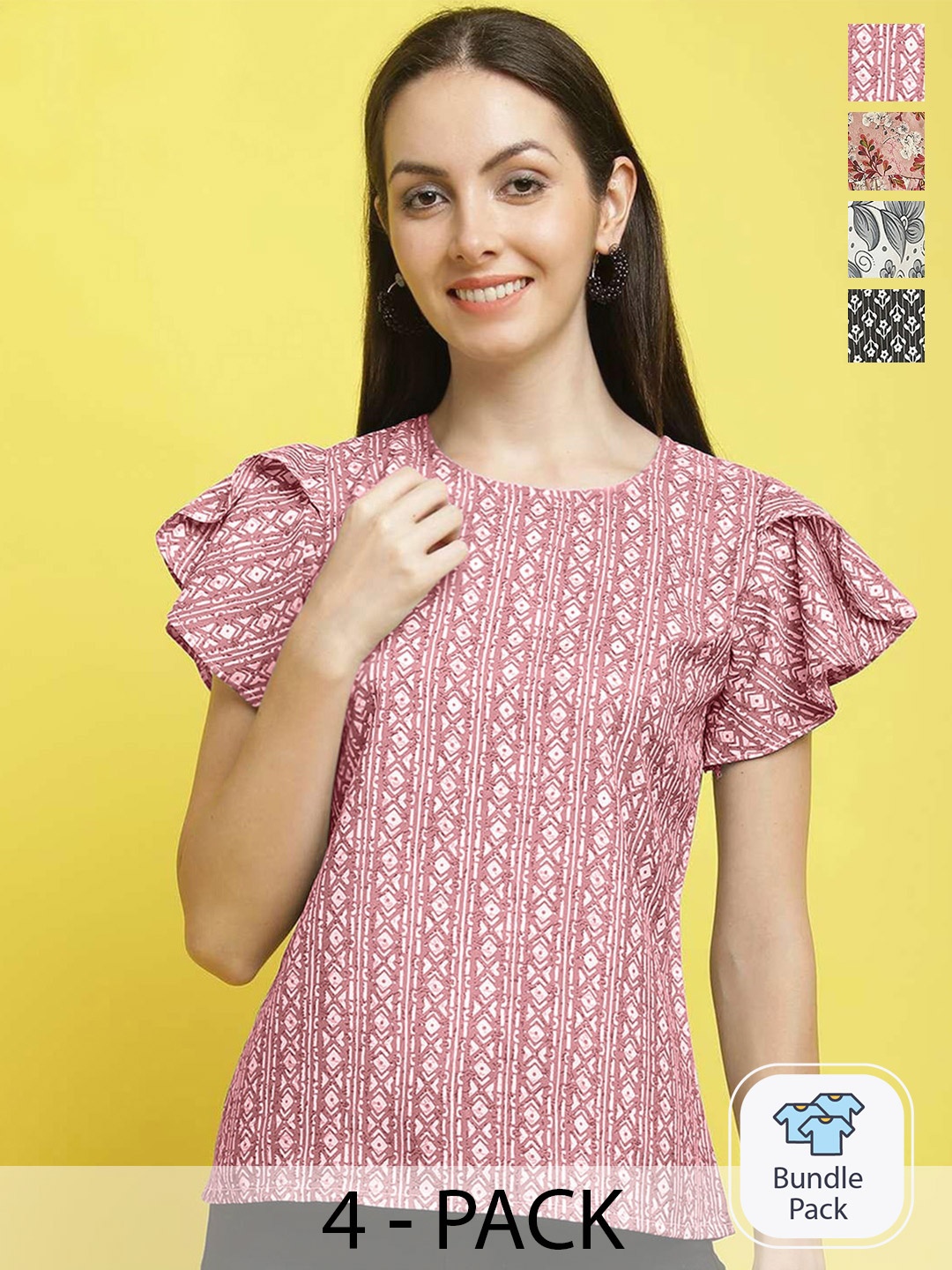 

Poshyaa Pack of 4 Printed Round Neck Crepe Top, Pink
