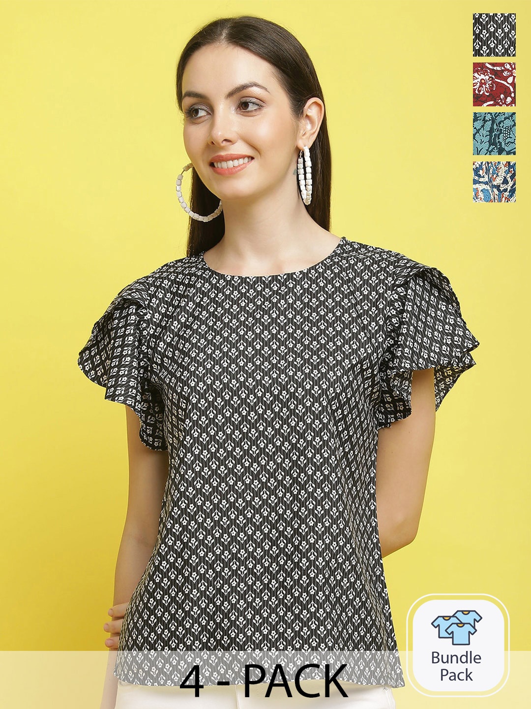 

Poshyaa Pack of 4 Printed Crepe Top, Black