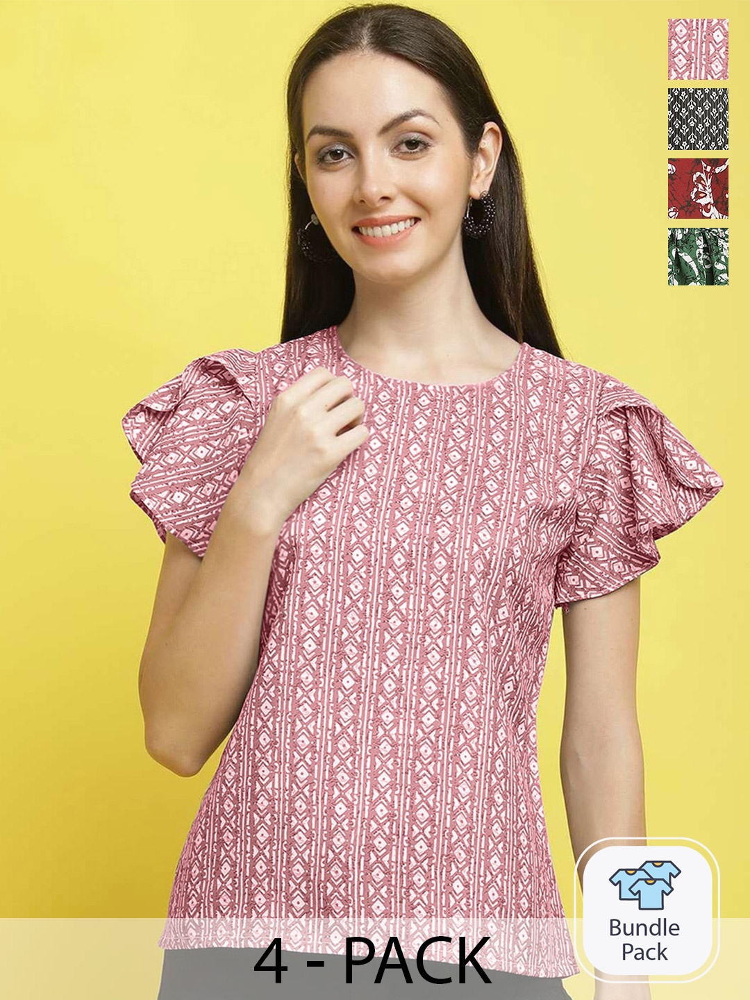

Poshyaa Pack Of 4 Printed Flutter Sleeves Tops, Red