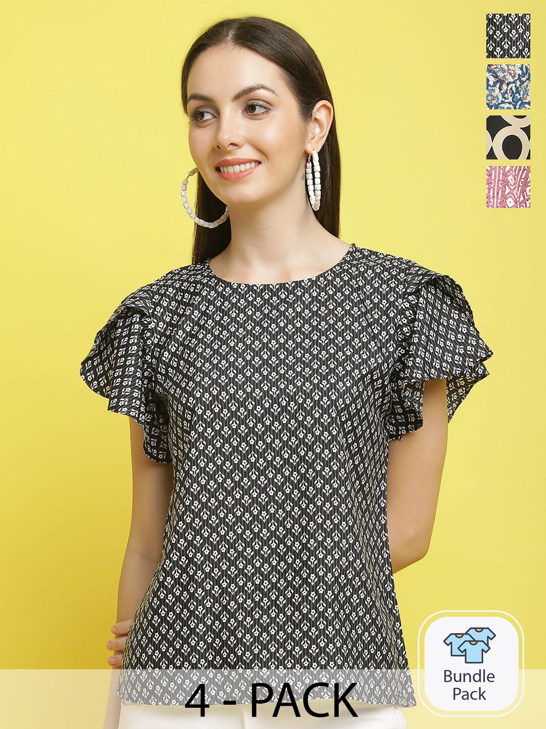 

Poshyaa Pack Of 4 Floral Printed Crepe Top, Black