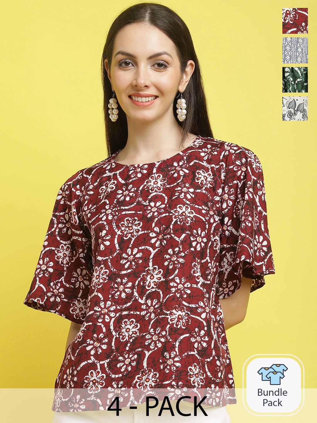 

Poshyaa Pack Of 4 Floral Printed Peplum Top, Maroon