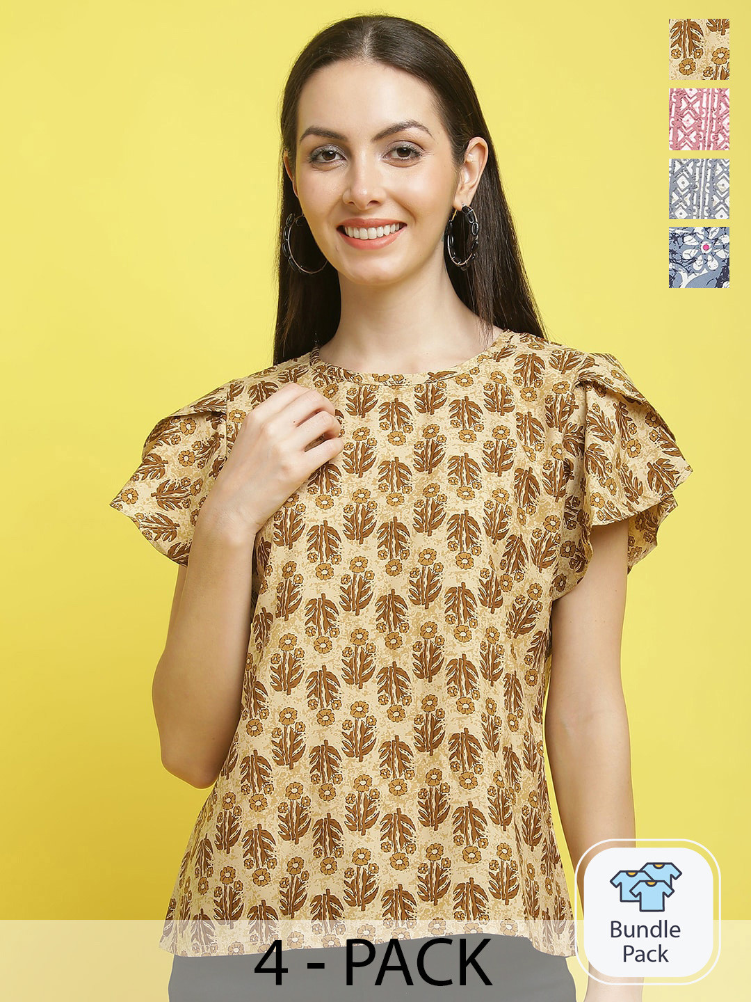 

Poshyaa Pack Of 4 Floral Printed Regular Top, Yellow