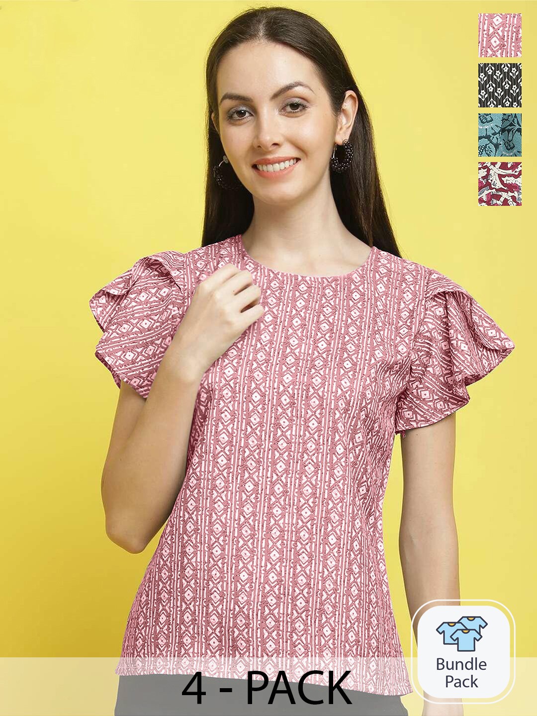 

Poshyaa Pack Of 4 Floral Printed Casual Crepe Tops, Pink