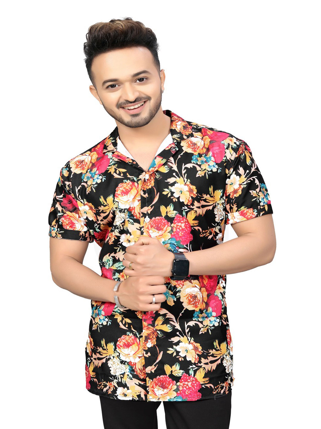 

Bought First Premium Floral Printed Cuban Collar Organic Cotton Casual Shirt, Black