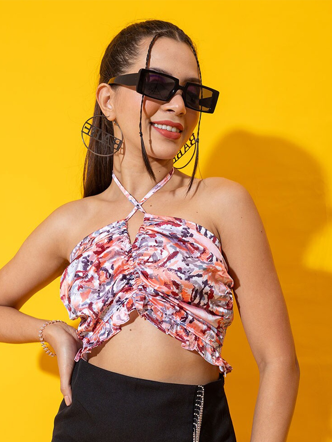 

Stylecast X Hersheinbox Floral Printed Halter Neck Satin Crop Top, White