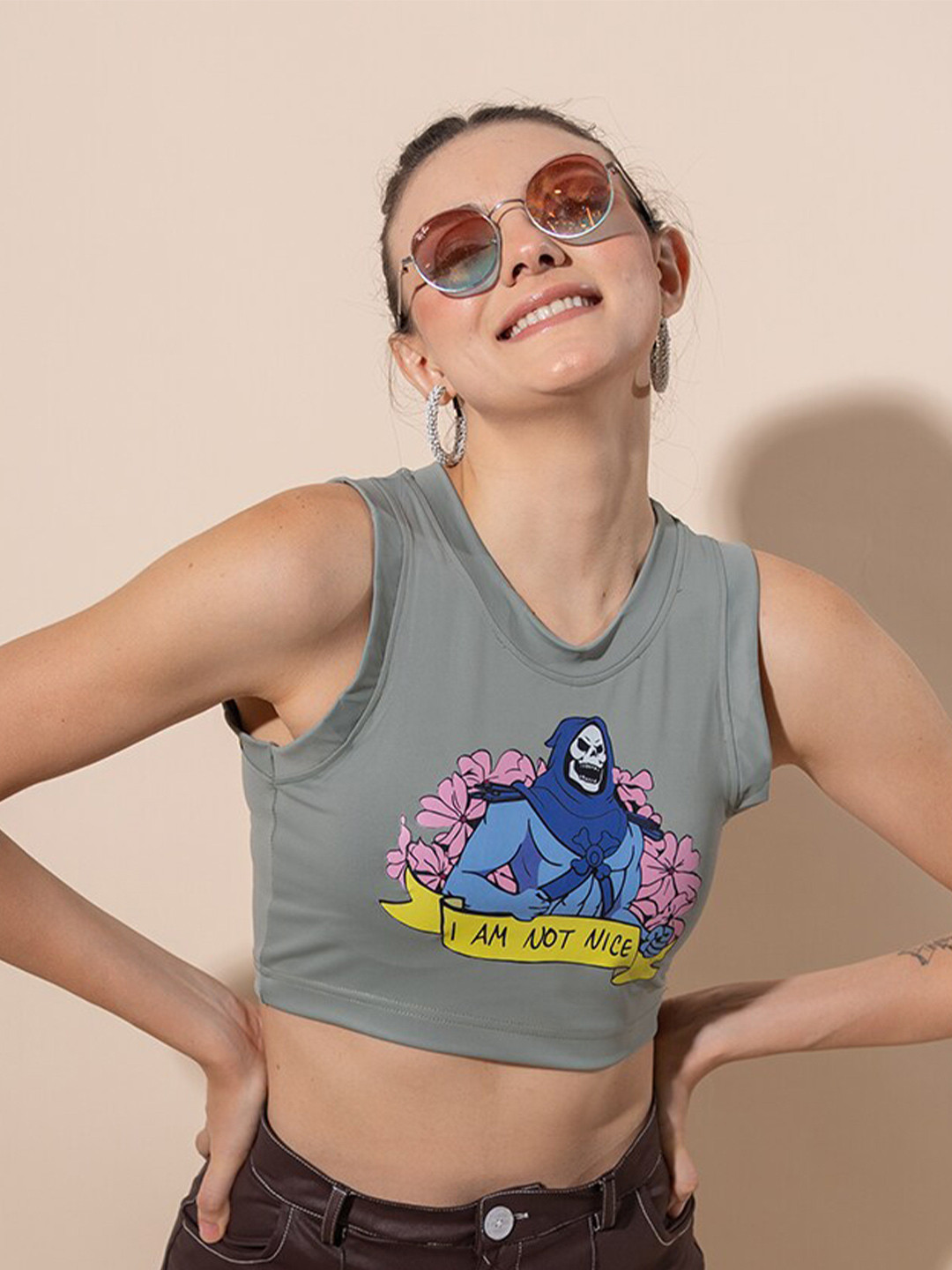 

Stylecast X Hersheinbox Graphic Printed Sleeveless Pure Cotton Crop Top, Grey