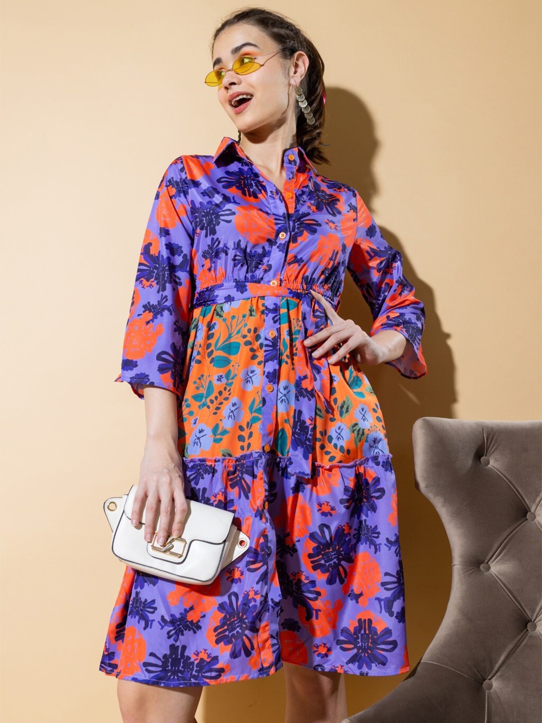 

Stylecast X Hersheinbox Floral Printed Pure Cotton Shirt Mini Dress, Blue