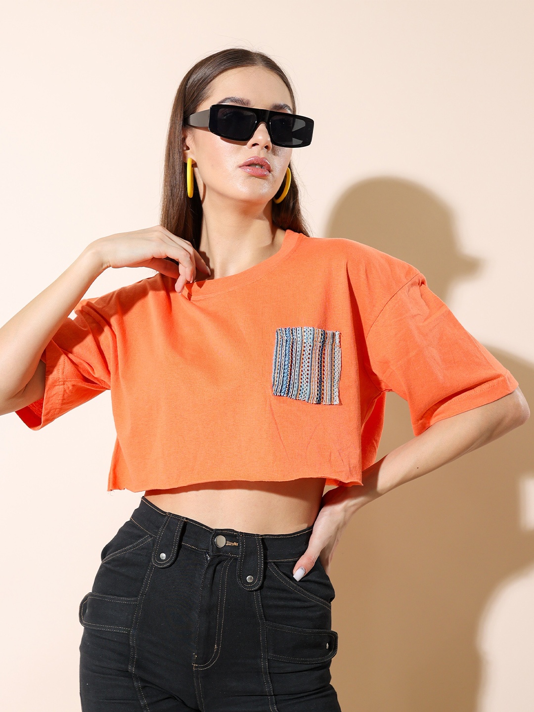 

Stylecast X Hersheinbox Drop Shoulder Sleeves Cotton Boxy Crop Top, Orange