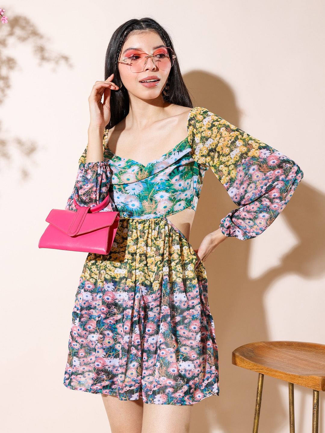 

Stylecast X Hersheinbox Blue Floral Printed Georgette Cut-Outs Fit & Flare Mini Dress