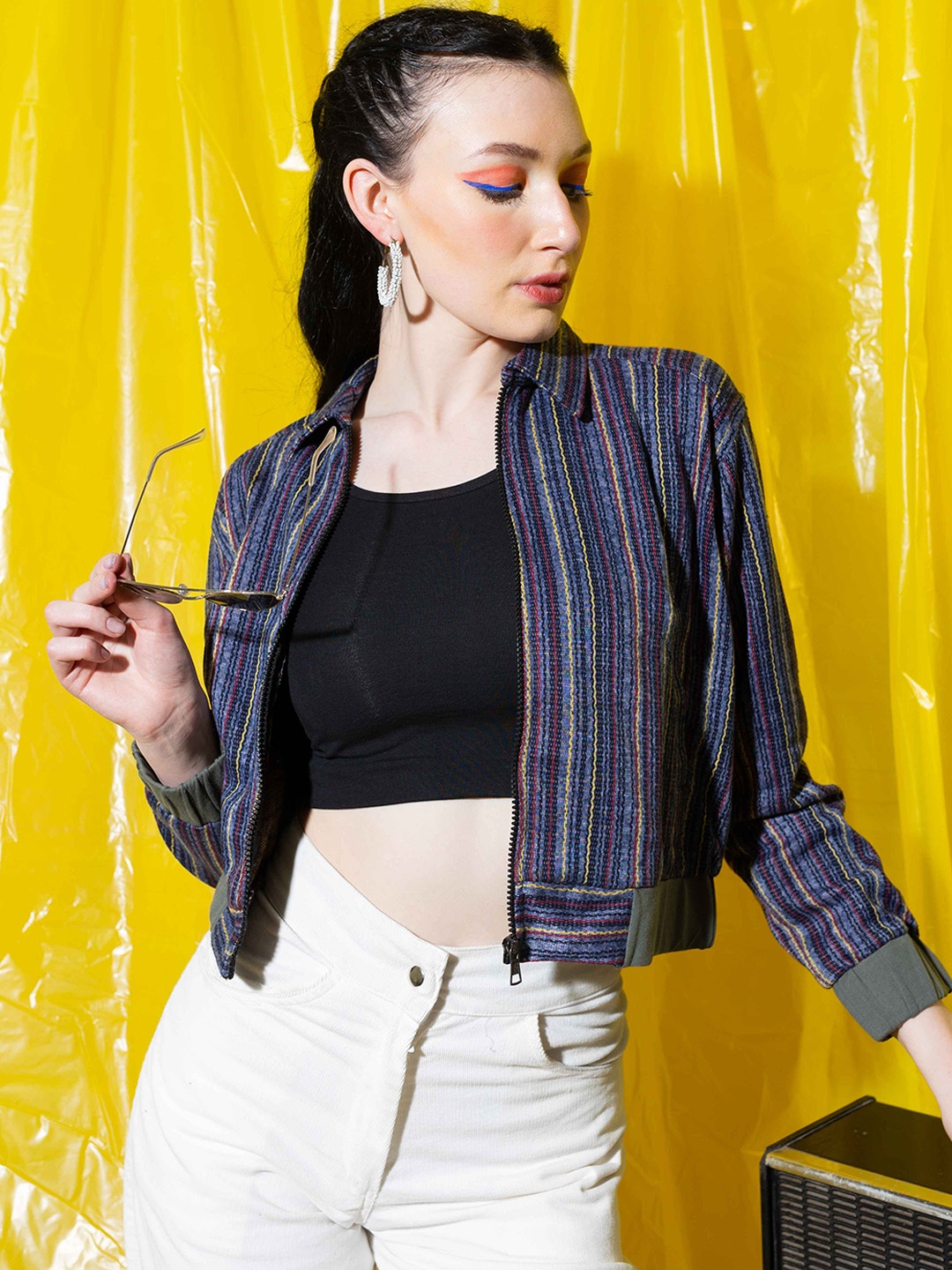 

Stylecast X Hersheinbox Striped Crop Tailored Jacket, Blue