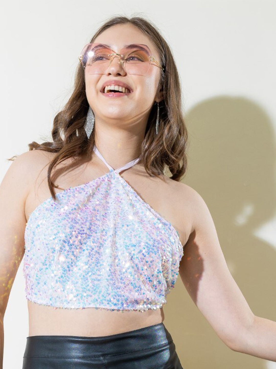 

Stylecast X Hersheinbox Embellished Halter Neck Crop Top, Silver