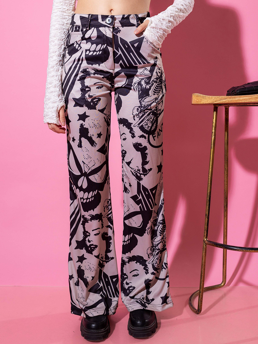 

Stylecast X Hersheinbox Women Abstract Printed Mid Rise Parallel Trousers, Pink