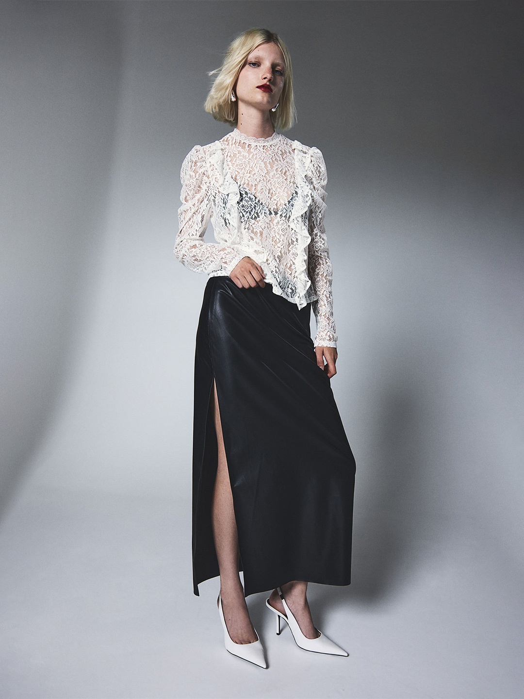 

H&M Frill-Trimmed Puff-Sleeved Lace Top, White