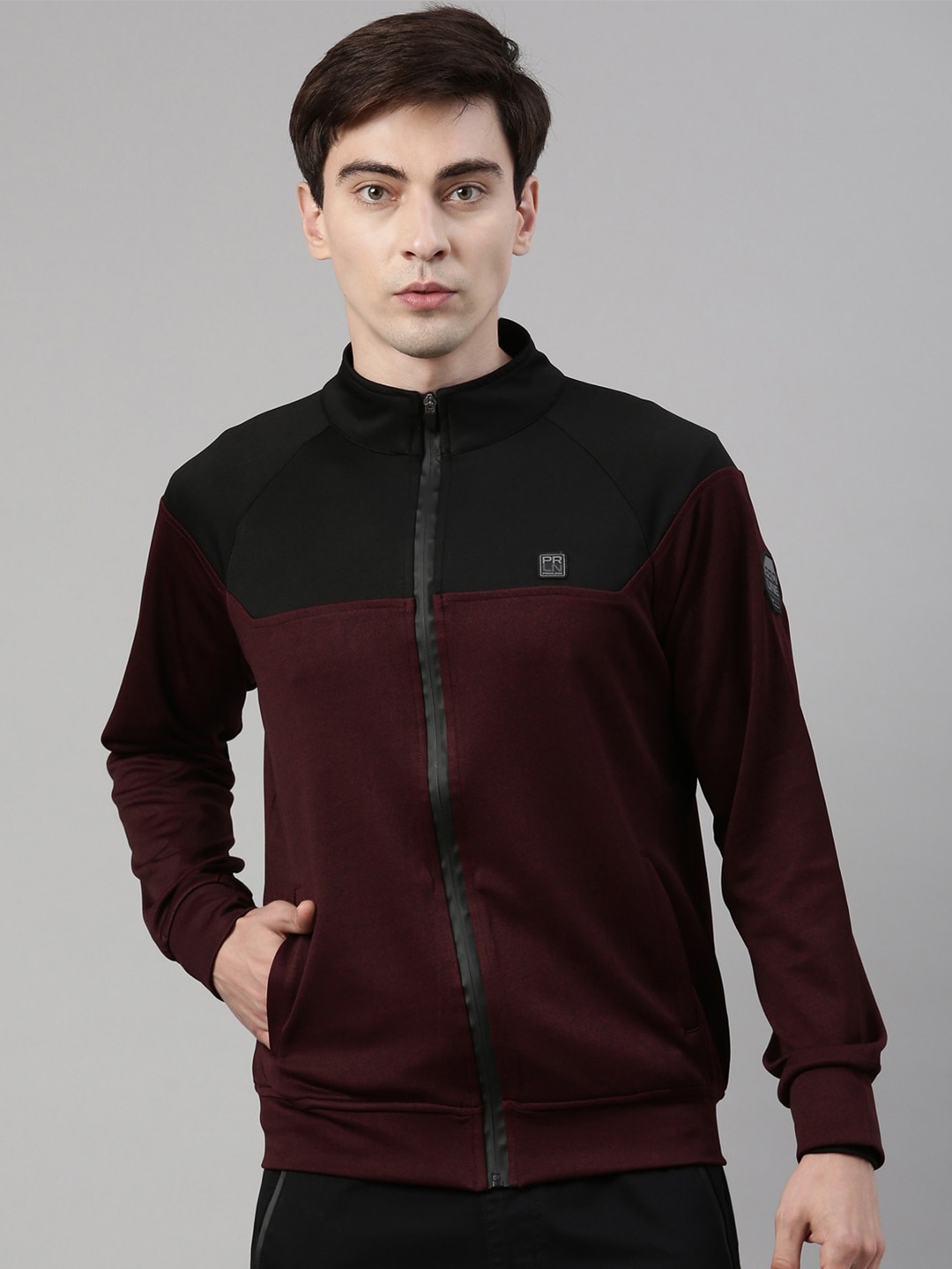 

Proline Colourblocked Mock Collar Front Open Sweatshirt, Maroon