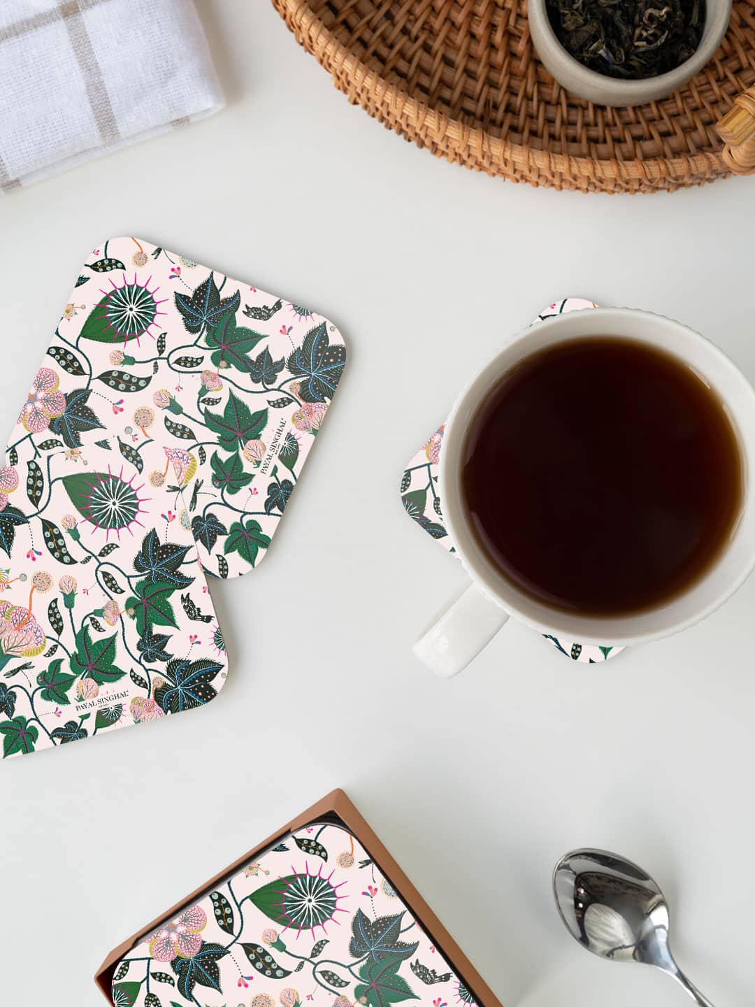 

macmerise Payal Singhal Abutilon Pink & Green Floral Printed Square Coaster