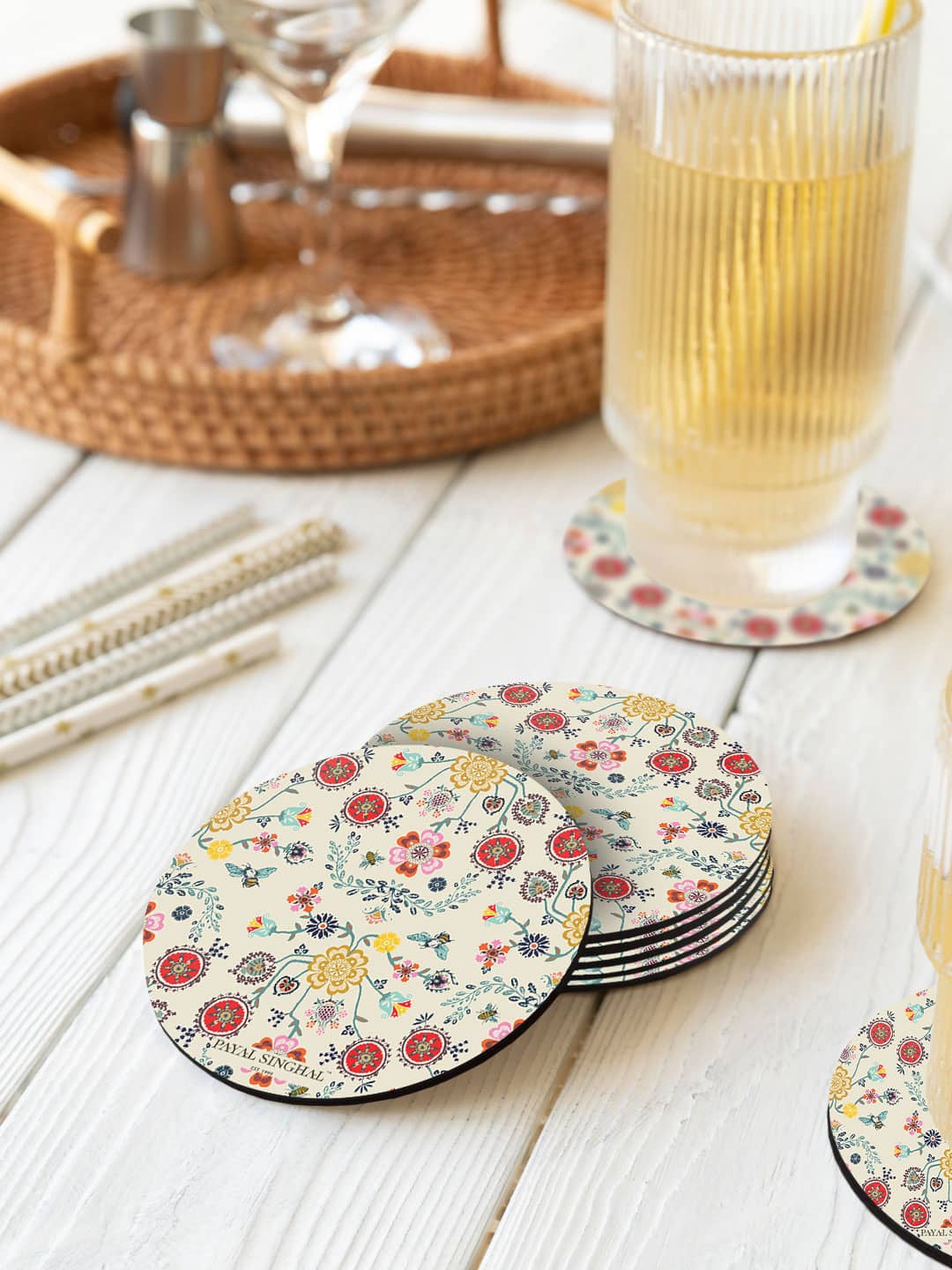 

macmerise Payal Singhal Spring Red & Cream-Coloured 6 Pcs Floral Printed Round Coasters