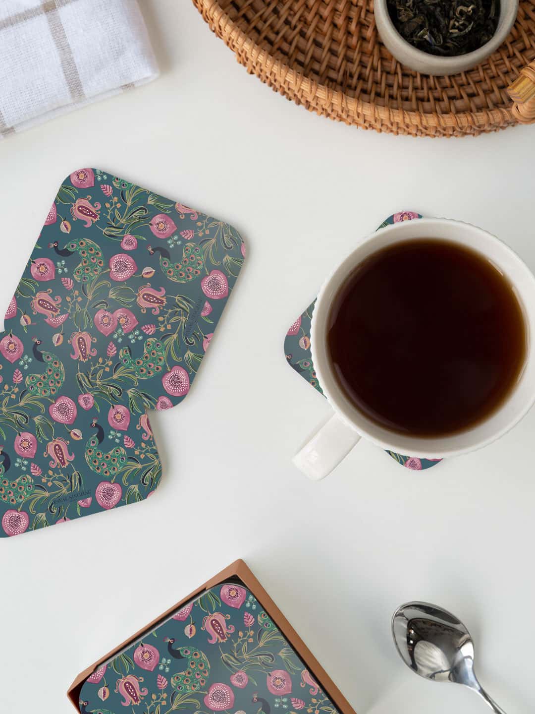 

macmerise Blue & Pink Payal Singhal Anaar and Mor Blue Printed Square Coaster