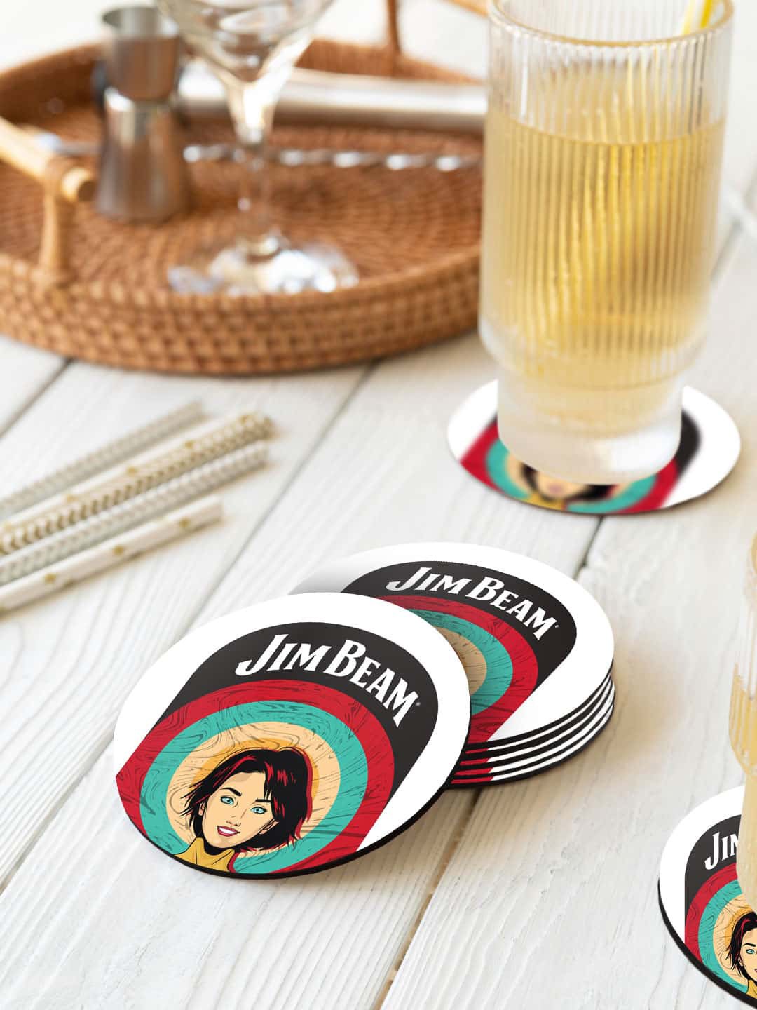 

macmerise White & Red 6 Pieces Jim Beam Character Printed Circle Coasters