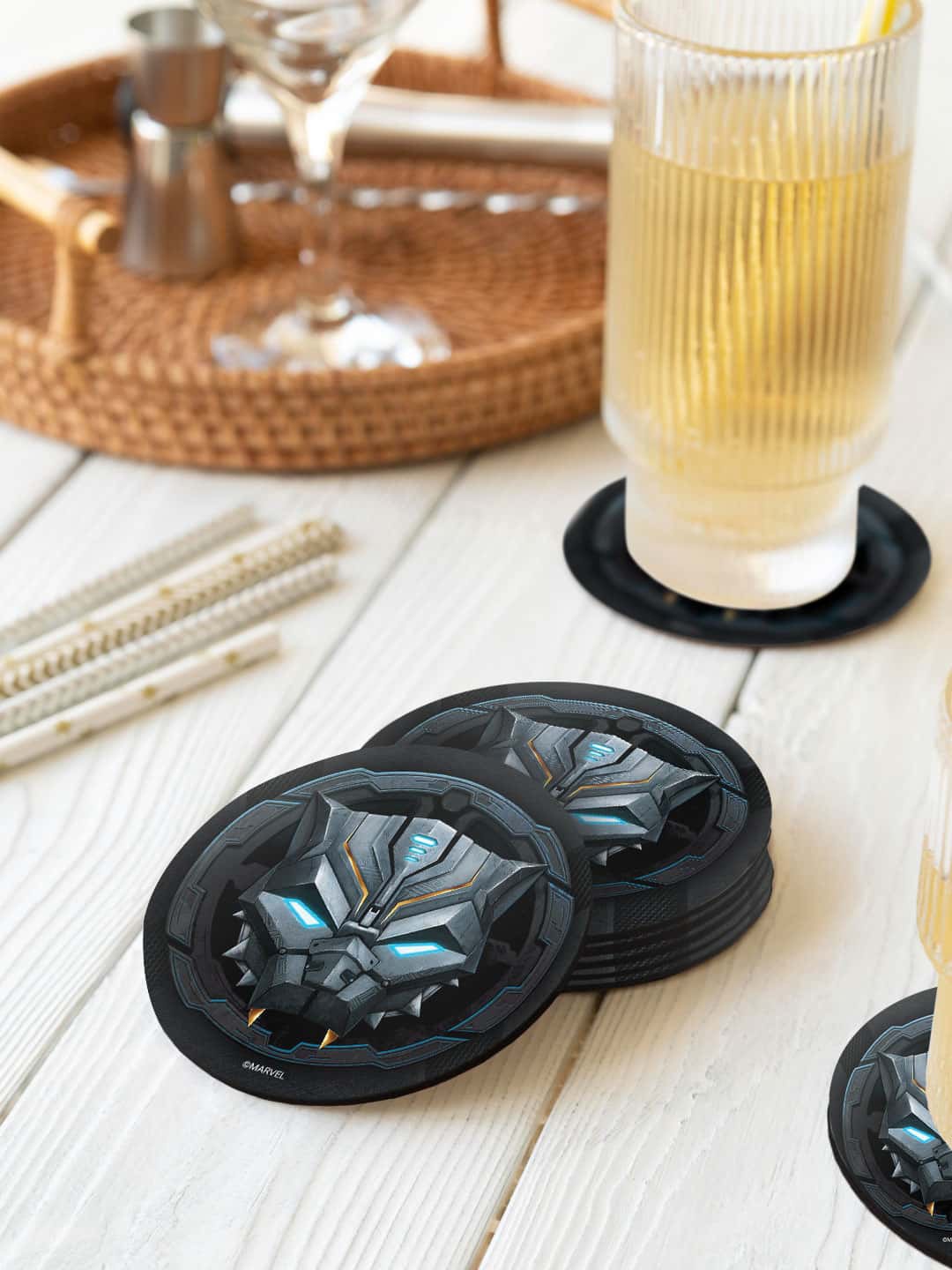 

macmerise Black & Blue 6 Pieces Armor Badge Panther Printed Circle Coasters