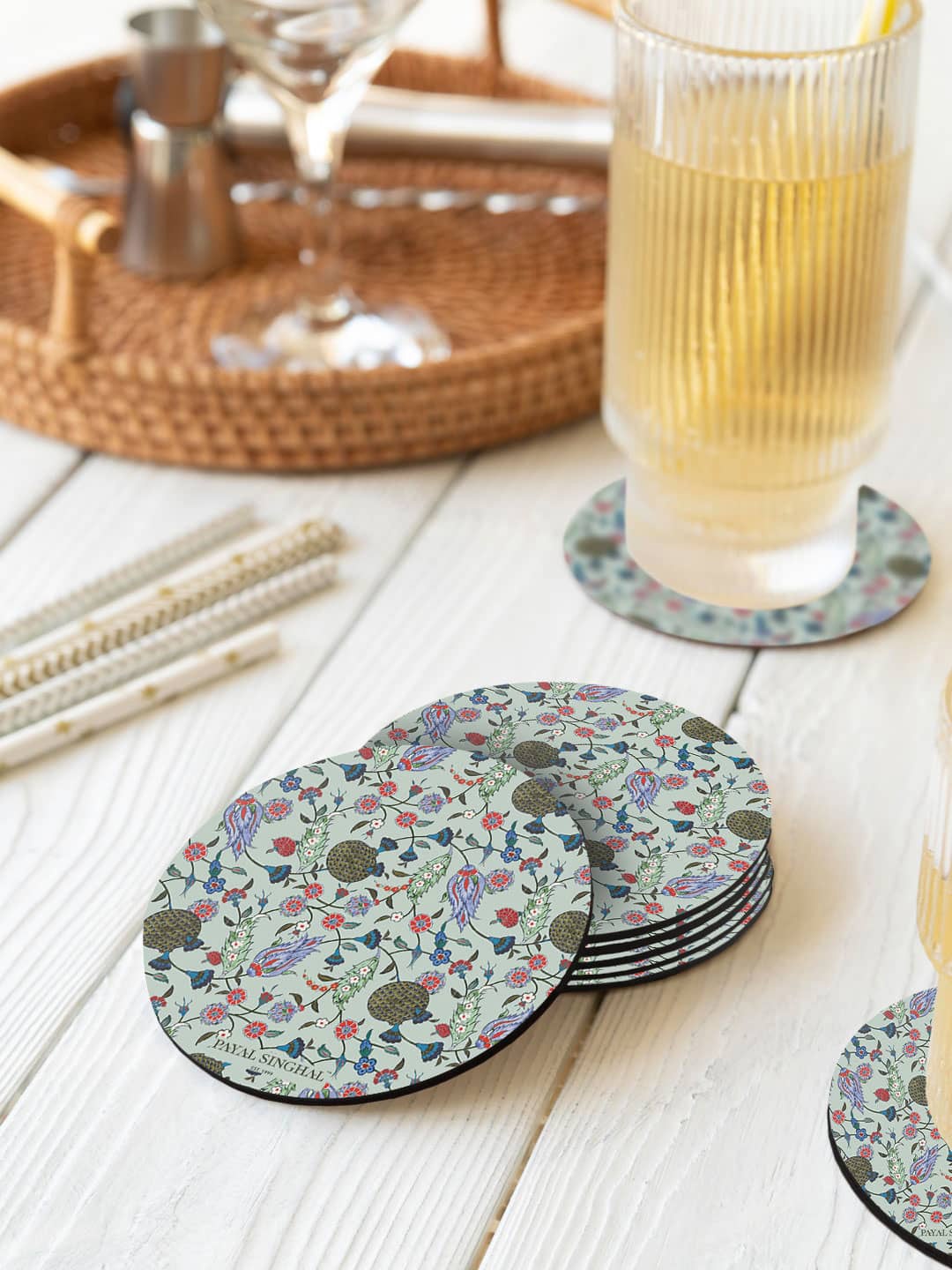 

macmerise Grey & Green 6 Pieces Payal Singhal Turkish Iznik Printed Circle Coasters