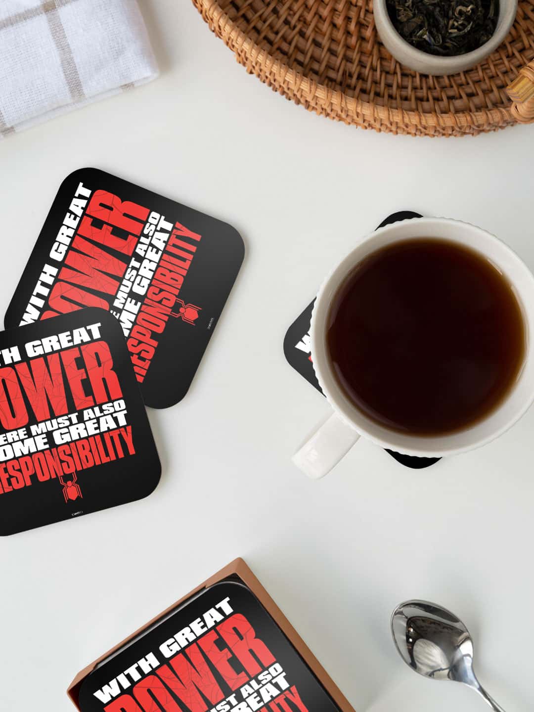 

macmerise Black & Red Great Power Great Responsibility Printed Square Coaster