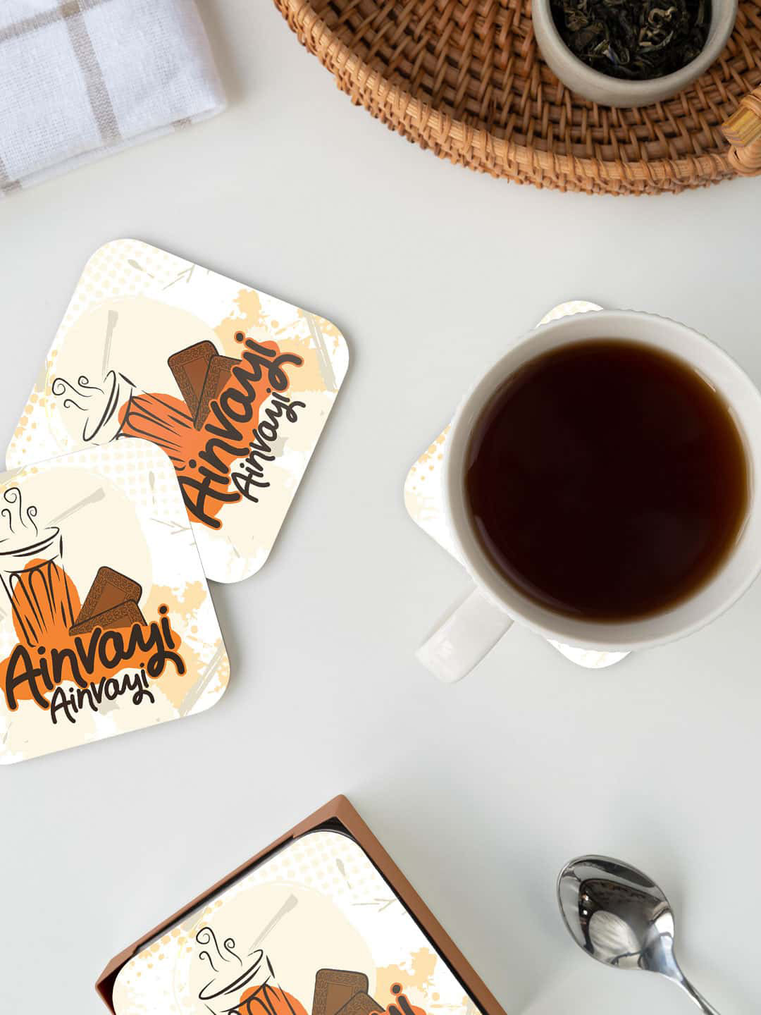 

macmerise Cream-color & Orange-color SM Ainvayi Ainvayi Printed Square Coaster