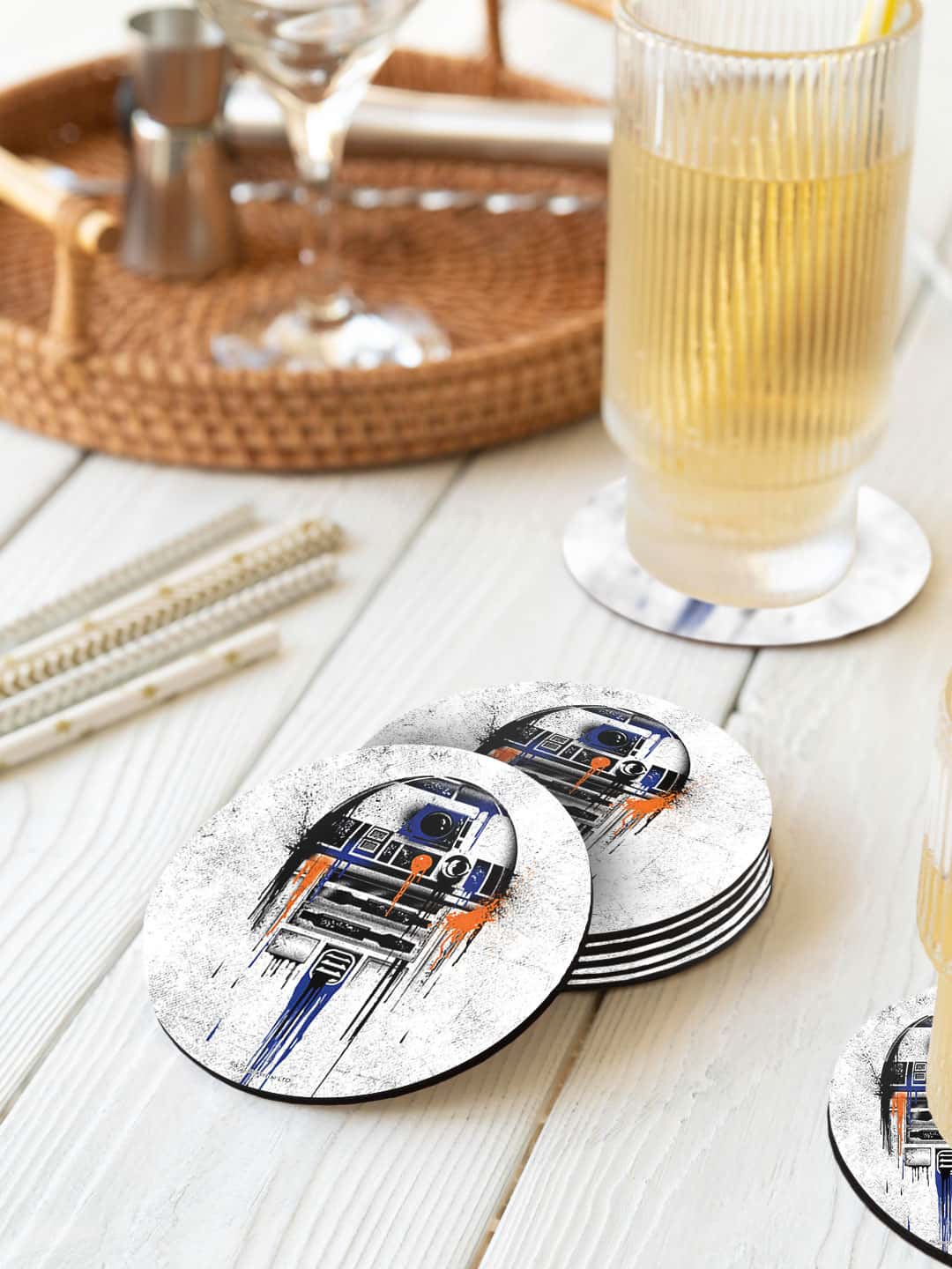 

macmerise White & Blue 6 Pieces Astro Droid Printed Circle Coasters
