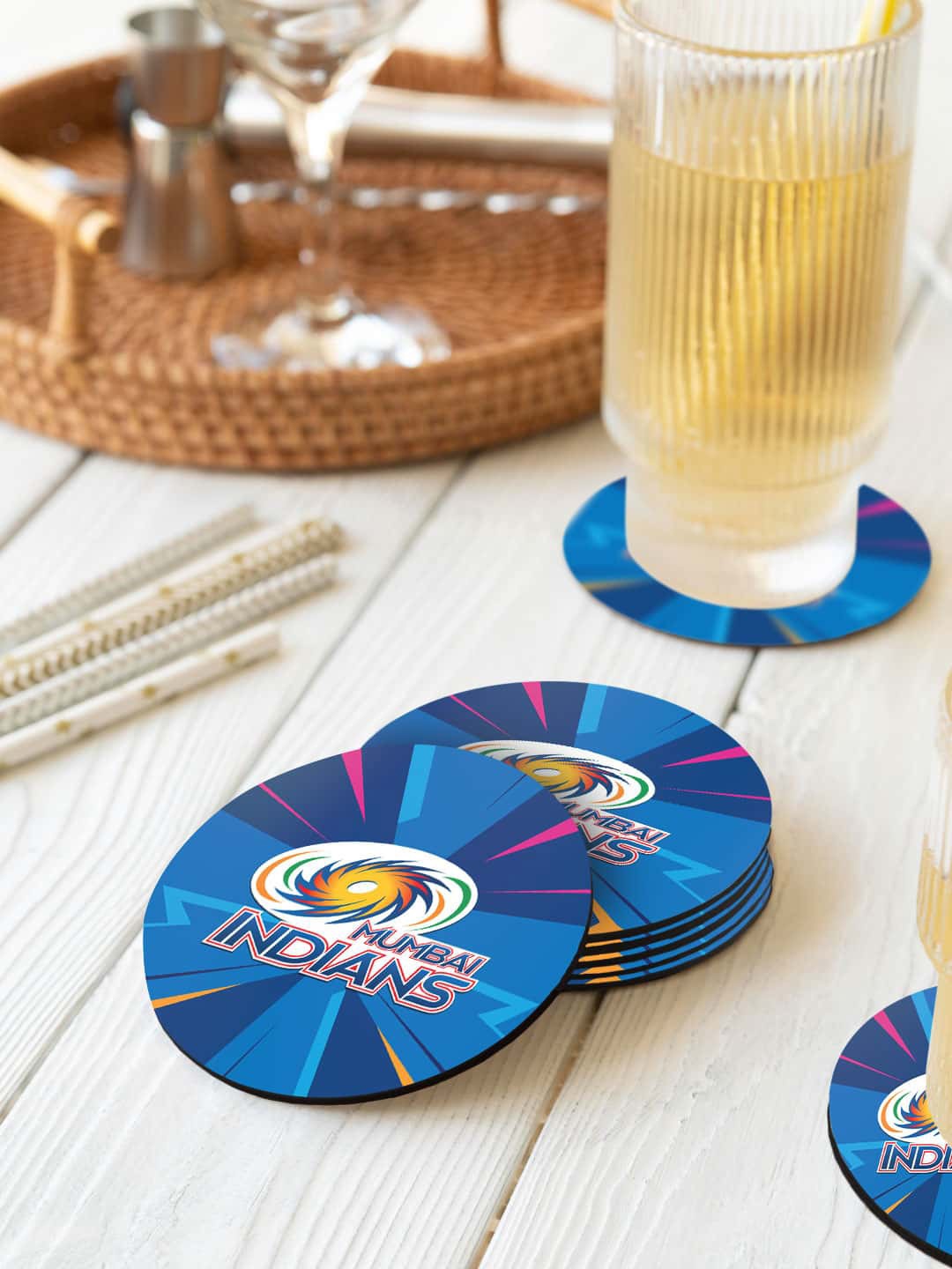 

macmerise Blue & White 6-Pieces Mumbai Indians Abstract Printed Circle Coasters