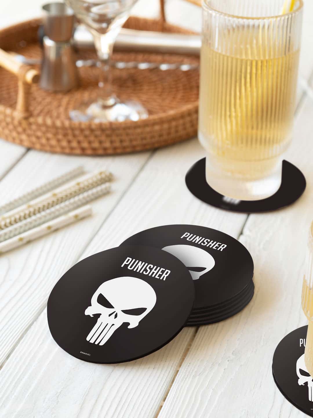 

macmerise Black & White 6-Pieces Punisher Symbol Printed Circle Coasters