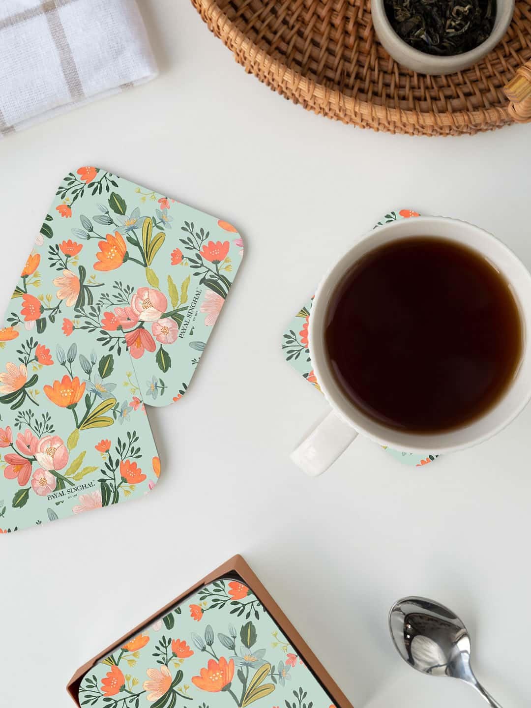 

macmerise Blue & Orange-Color Payal Singhal Aqua Flower Printed Square Coaster