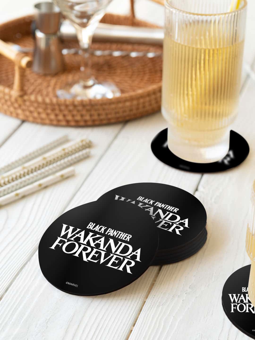 

macmerise Black & White 6 Pieces Wakanda Forever Logo White Printed Circle Coasters